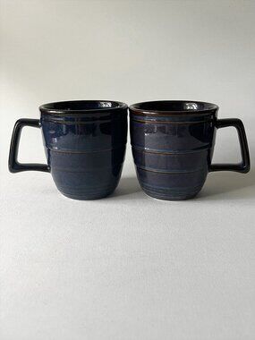 Set 2 Homer Laughlin Indigo Flipside Mugs Embossed Rib 14 oz Blue Coffee Mugs